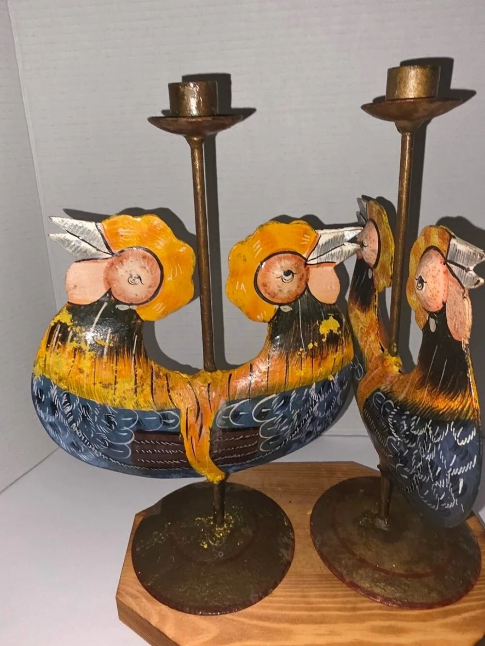 Folk Art Metal Rooster  Farmhouse Cottagecore Candlestick VTG Ser Of 2